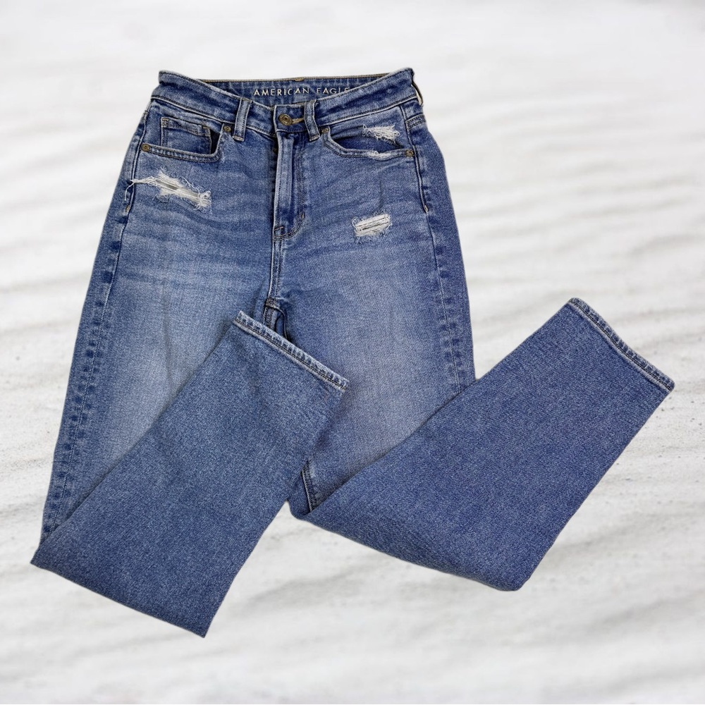 American Eagle Outfitters Size 00 Blue Distressed Style Straight Leg Mom Jeans